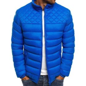 Autumn and winter new men's stand collar solid color simple fashion Ling grid cotton clothes men's fashion (Color: Royal Blue)
